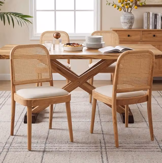 Set 2 sedie da pranzo imbottite in legno massello; rattan e lino; color legno