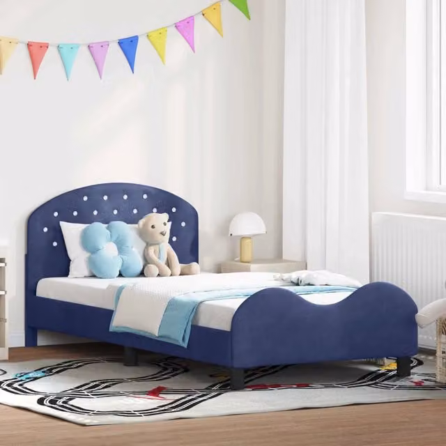 Struttura letto per bambini in velluto blu con testata e giroletto in legno, L 80 cm x P 200 cm x H 140 cm – 1