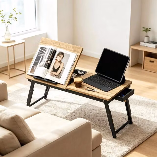 Pratico tavolino per laptop con regolazione in altezza e inclinazione, tavolo pieghevole regolabile con funzione di inclinazione e cassetto, tavolino