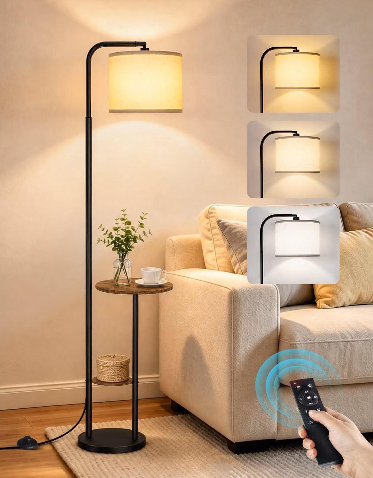 Lampada da terra con piano d'appoggio rotondo, 12 W, color marrone rustico