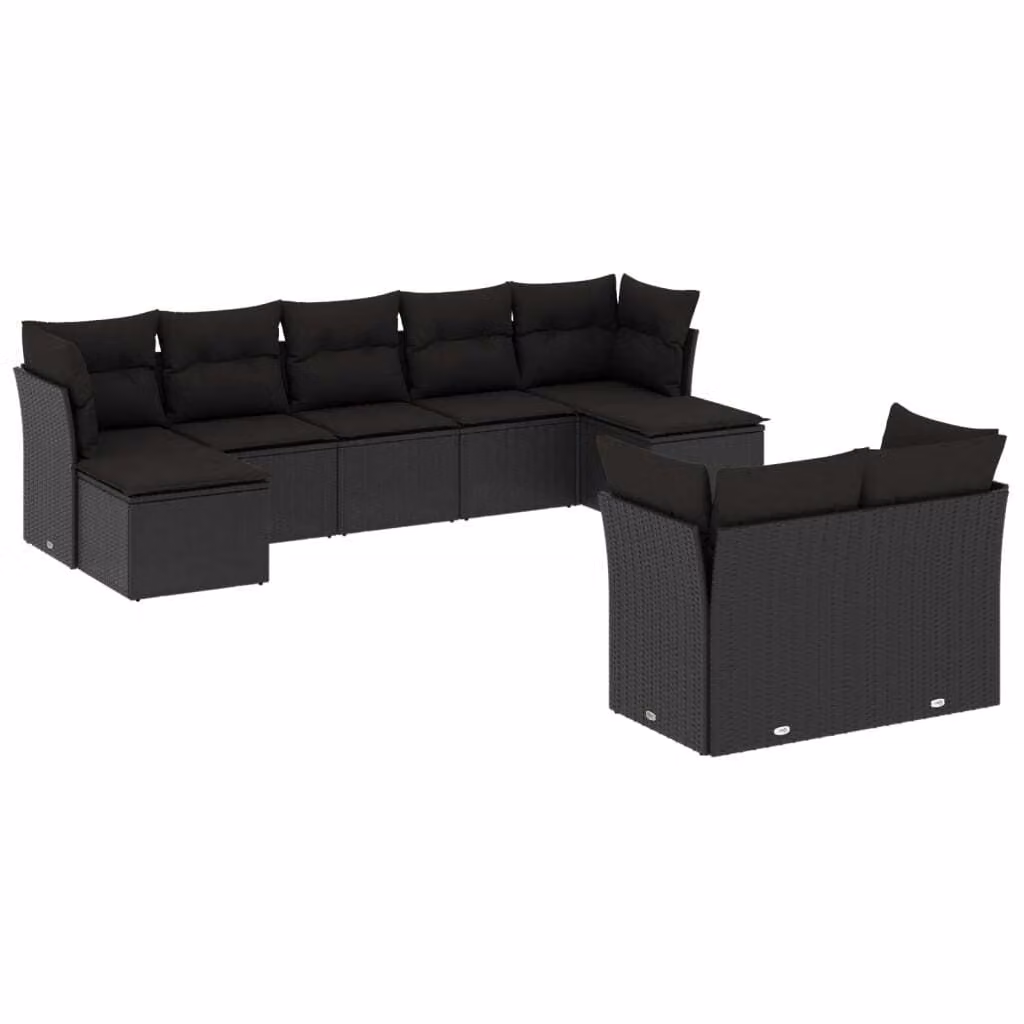 Set Divani da Giardino 9 pz con Cuscini Nero in Polyrattan