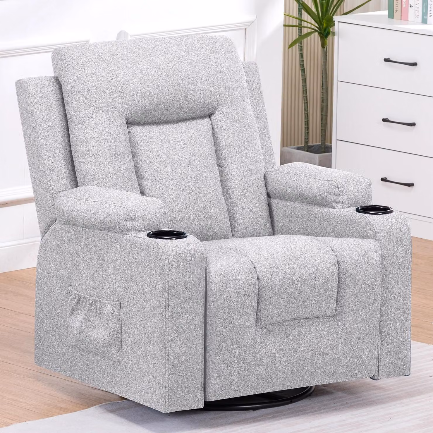 Poltrona relax/poltrona TV - Poltrona singola reclinabile - Funzione reclinabile - Funzione oscillante - Portabicchieri - 2 tasche laterali - Ecopelle/tessuto - Dimensioni 102x82x95 cm - Grigio chiaro