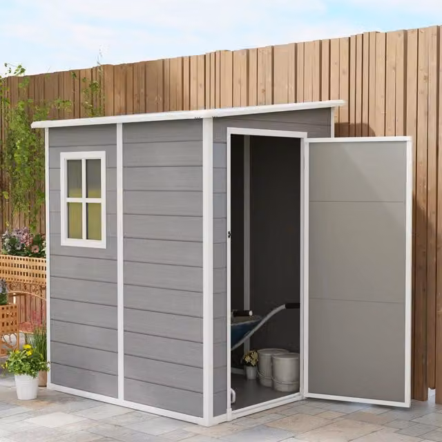 Casetta da giardino WISHDOR in alluminio e plastica, grigia, con porta e finestra, L/P/H: 122 x 149 x 192/177 cm