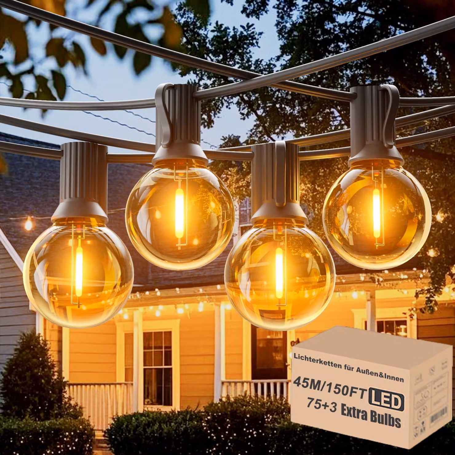 Catena luminosa da 45 metri, grado di protezione IP45, con 75+3 lampadine LED G40, attacco E12, luce bianco caldo 2700 K