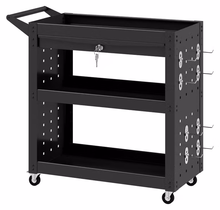 Carrello da officina a 3 livelli, con cassetto e serratura | Colore: nero | Dimensioni: 35x78x73 cm