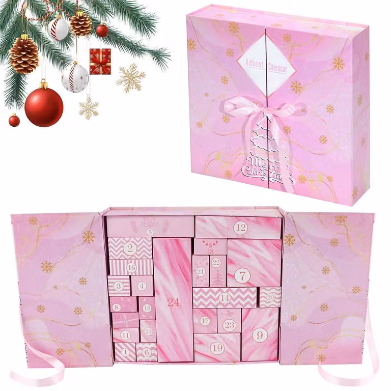 Calendario dell'Avvento da riempire, colore rosa, 24 piccole scatole vuote. Calendario di Natale fai da te, idea regalo
