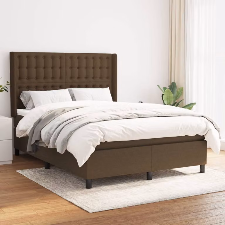 The Living Store Letto a molle con materasso marrone scuro 140x190 cm in tessuto