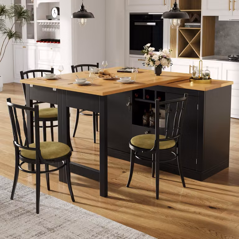 Tavolo da bar girevole Fliek con credenza, tavolo da bar allungabile girevole a 360°,  cassettiera con cassetti, portabottiglie e ante, 120-180x40x76 cm, nero