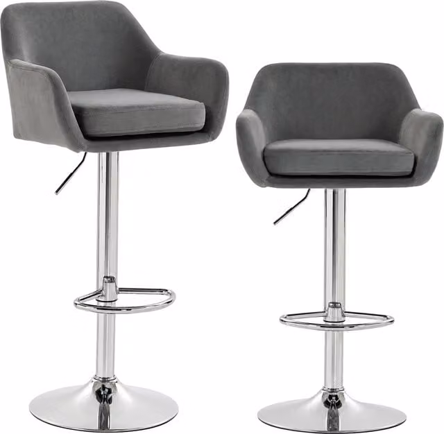 Set di 2 sgabelli da bar HOMCOM girevoli a 360 gradi in velluto grigio con altezza regolabile, schienale e poggiapiedi, base in metallo