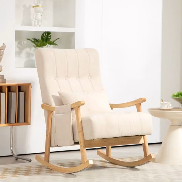 Poltrona a dondolo WISHDOR imbottita in tessuto beige con telaio in legno di faggio e braccioli