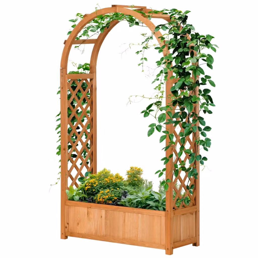 Fioriera da giardino con arco e traliccio Zephmum in legno di pino marrone L: 83 cm, P: 36 cm, H: 152 cm – 2