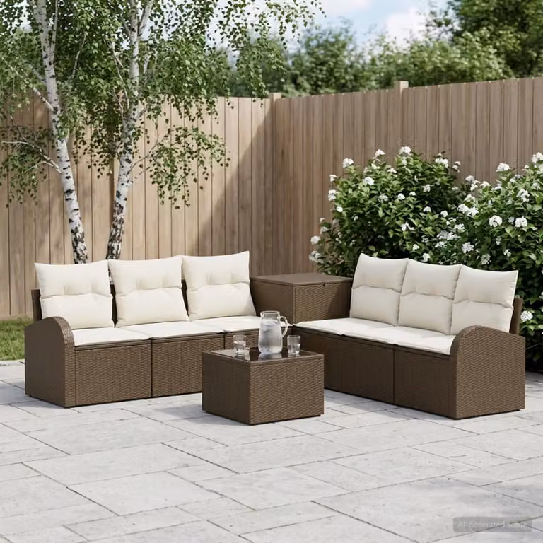 Set di divani da giardino vidaXL a forma di U in polyrattan marrone e bianco crema con tavolo da caffè e cuscini inclusi