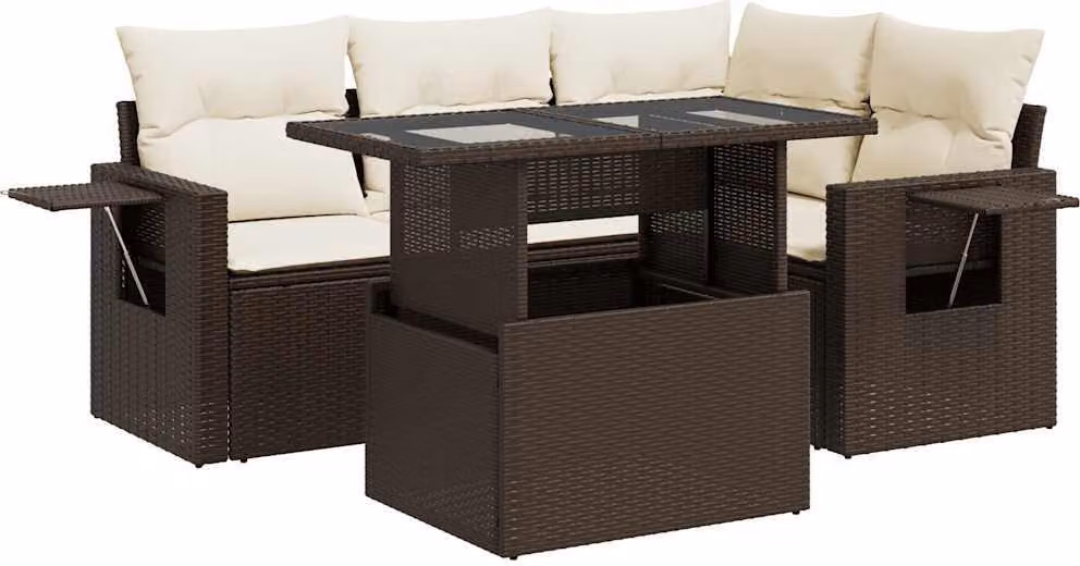 Set Divano da Giardino 5 pz con Cuscini Marrone in Polyrattan