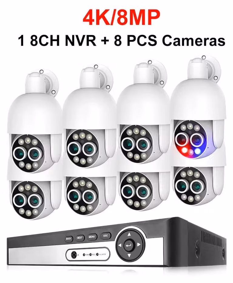 Sistema di sicurezza: Kit di videosorveglianza CCTV a 8 canali, con telecamere PTZ rotanti a 350° e rilevamento tramite intelligenza artificiale
