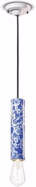 Lampada a sospensione Ferroluce Ming in ceramica blu stile Art Déco con attacco E27