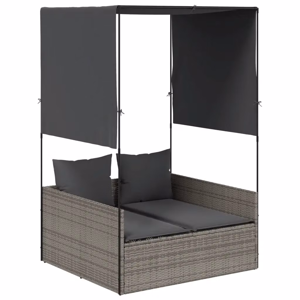 Lettino Prendisole Doppio con Tetto e Tende vidaXL in Polyrattan Grigio – 2