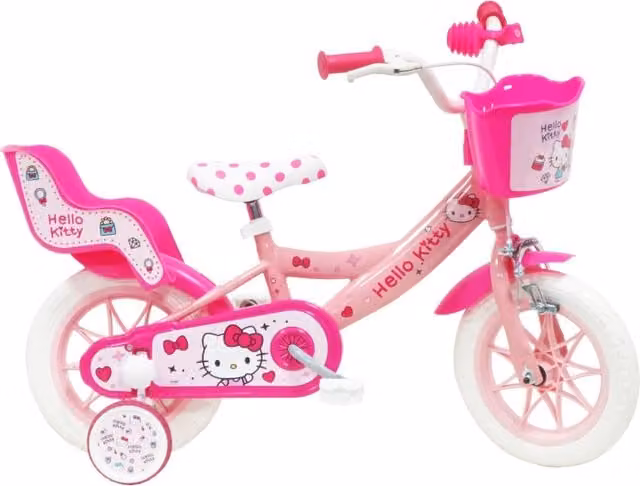 HELLO KITTY 12, bicicletta per bambini, adatta a bambini tra i 3 e i 5 anni, per altezza tra 85 e 105 cm, cestino e port