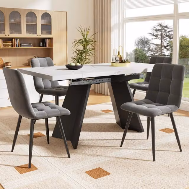Tavolo da Pranzo Allungabile con 4 Sedie ¨C MINIMAL ¨C Bianco/Grigio Velluto, 160x80x75