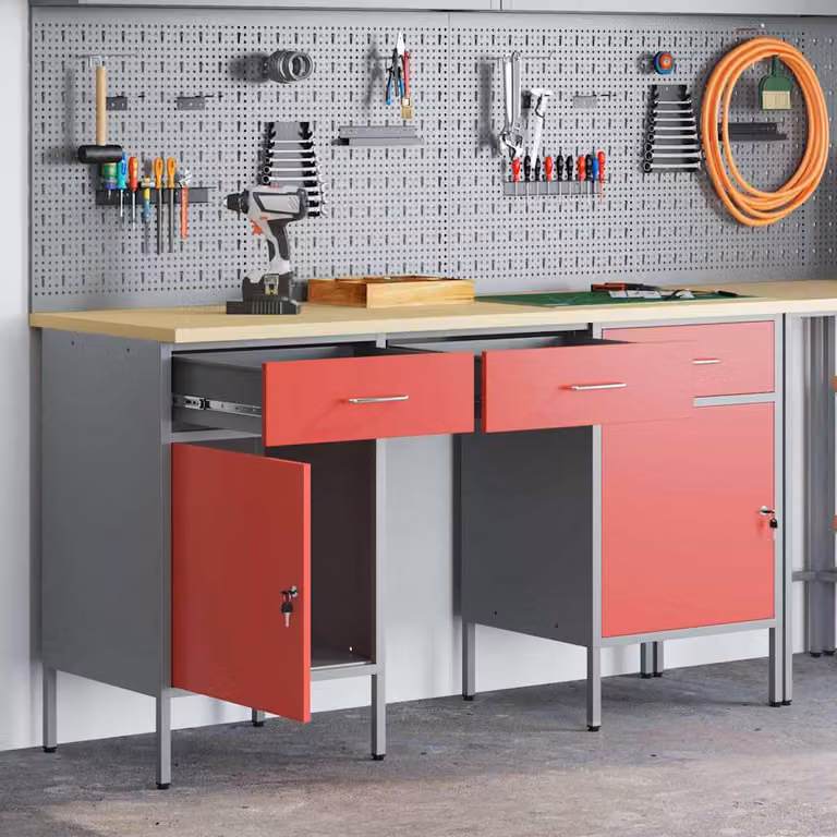 Set di 3 carrelli da lavoro mobili vidaXL con cassetti in acciaio, Rosso e Grigio