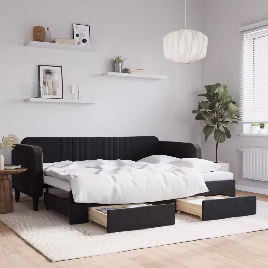 vidaXL Divano Letto Estraibile in Velluto Nero con Cassetti L/P/H: 223 x 80 x 90 cm