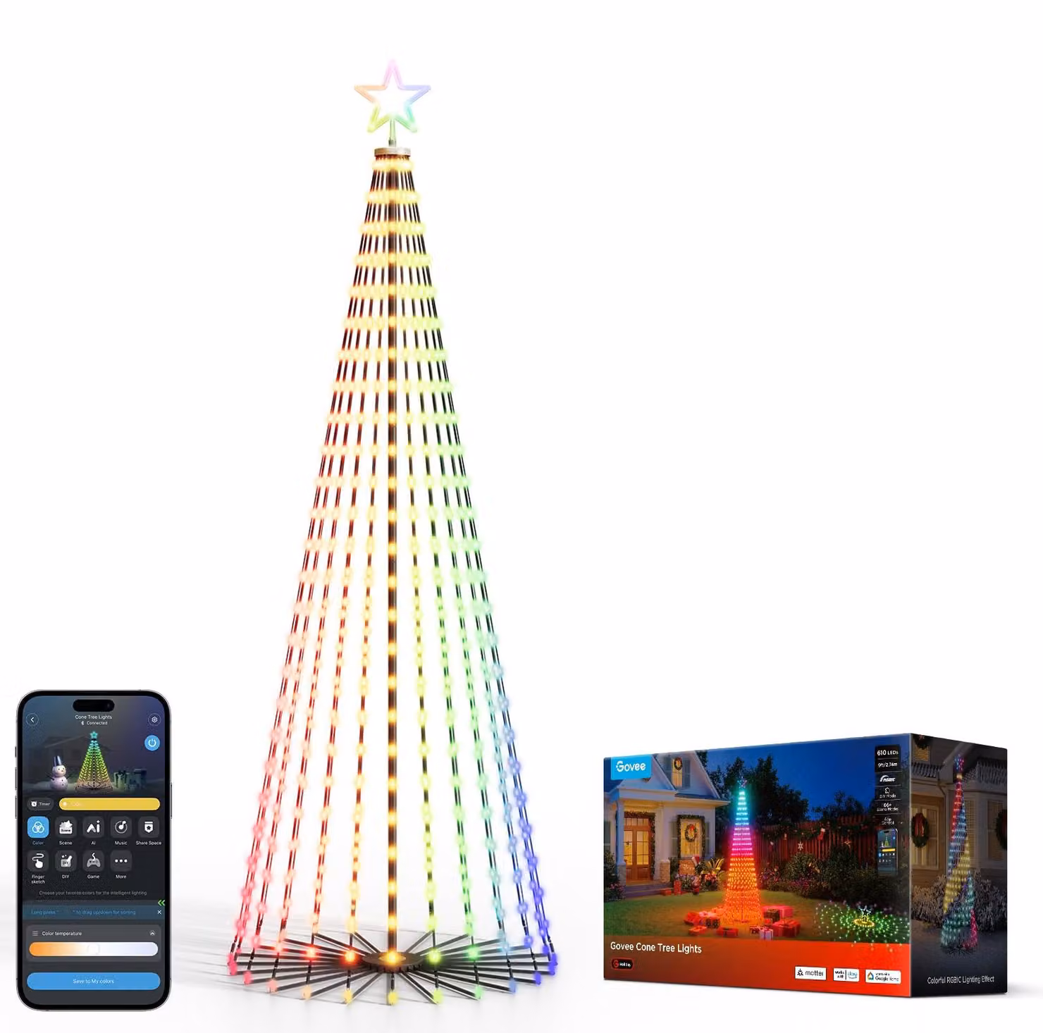 Albero di Natale a forma di cono, illuminazione a LED, altezza 2,74 m, 610 LED RGBIC, colore nero