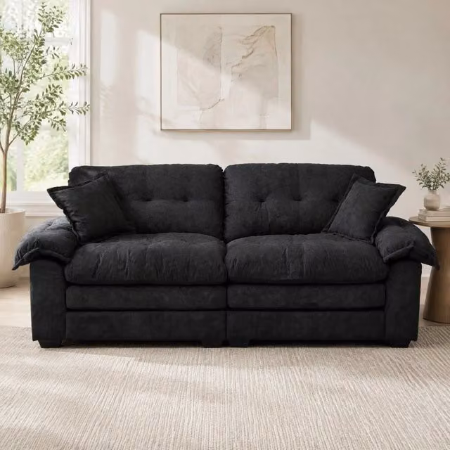 Divano a 2 posti 214 x 89 x 93 cm in chenille nero con cuscini, per piccoli soggiorni –