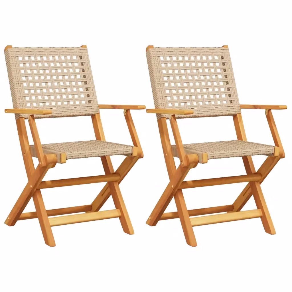 Set di 2 sedie pieghevoli vidaXL in legno di acacia oliato e polyrattan beige con braccioli per giardino e terrazzo – 2