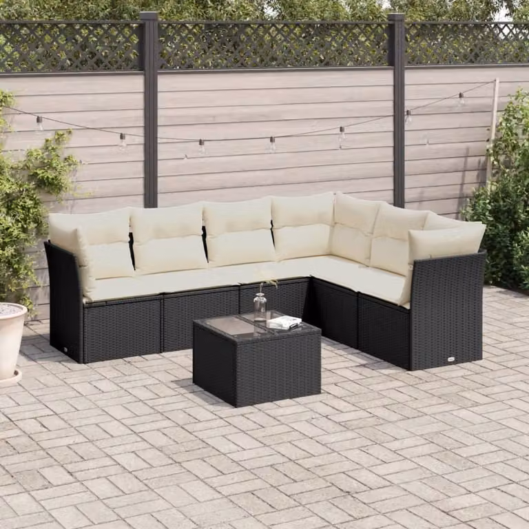 vidaXL Set Divani da Giardino a L con Cuscini e Tavolino, 7 Pezzi, Nero e Bianco, Struttura in Metallo e Polyrattan con Tessuto Resistente ai Raggi UV