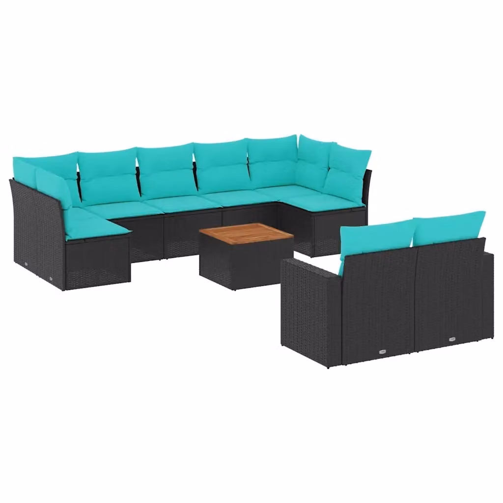 vidaXL Set Divani da Giardino 10 Pezzi in Polyrattan Nero con Cuscini e Tavolino da Esterno a Forma di U – 2