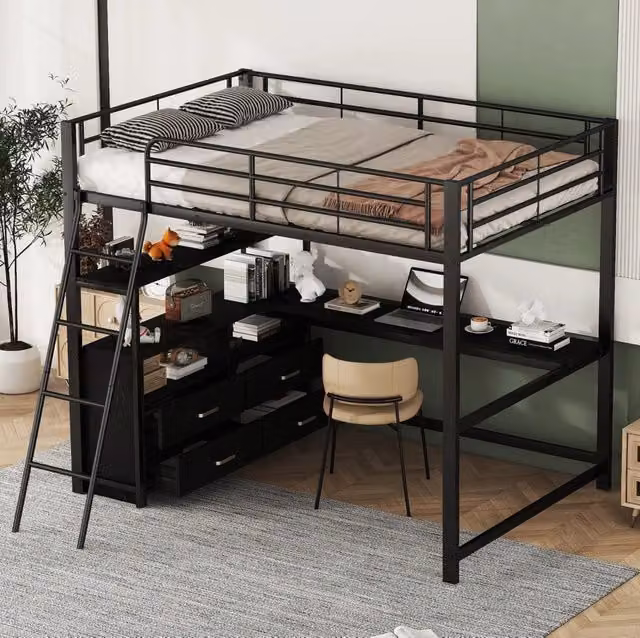 Letto a soppalco 140x200 cm in metallo con scrivania ad angolo a L e cassetti, nero, senza materasso