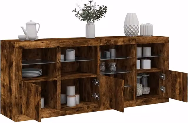 Credenza con Luci LED-Buffet-Armadio da cucina Rovere Fumo 164x37x67 cm