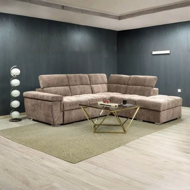 Divano letto angolare reversibile Amalfi Veriaffari in tessuto beige con 5 poggiatesta regolabili e pouf coordinato L/P/H: 269 x 160 x 94 cm