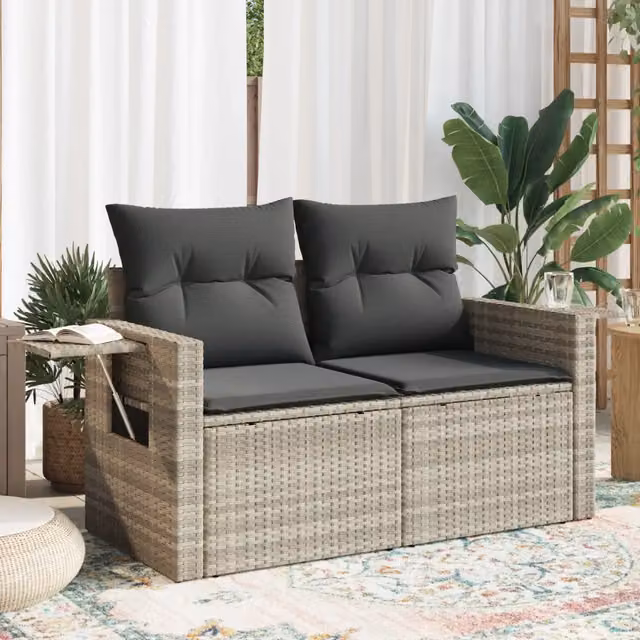 Divano da giardino a 2 posti vidaXL in polyrattan grigio con cuscini imbottiti e coperture rimovibili L: 124 cm, P: 69 cm, H: 62 cm