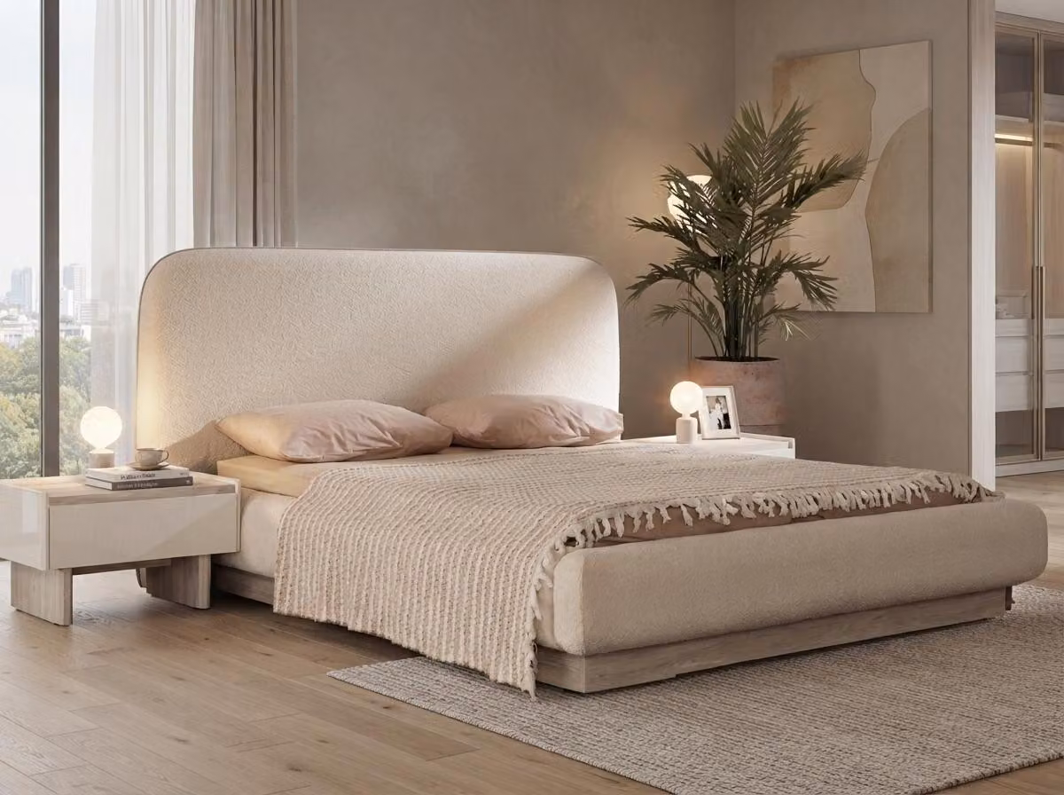 Set di comodini beige moderni, con struttura imbottita, per letto matrimoniale