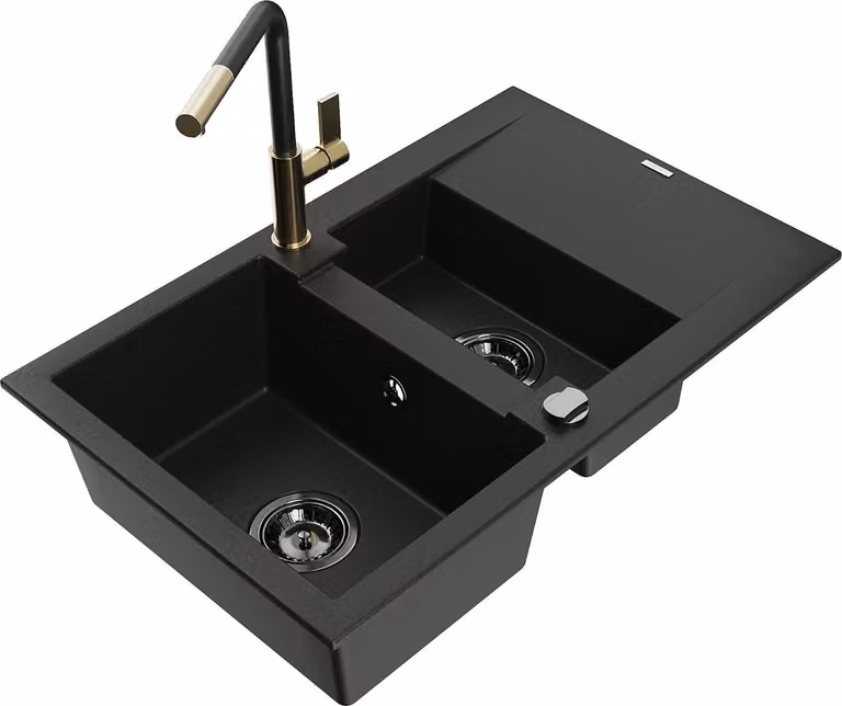 Mexen Gaspar lavello in granito 1,5 vasche con scolapiatti e rubinetto cucina Flora, nero - 6507-77-670401-57-B