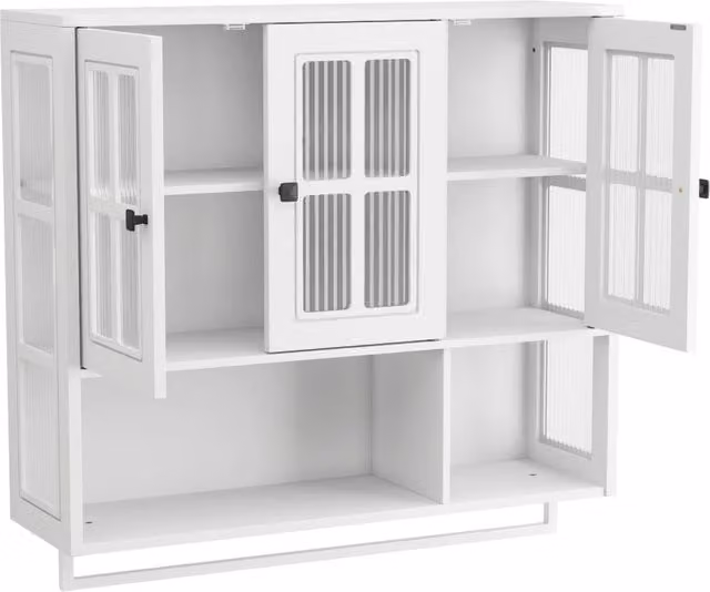 Mobiletto da Parete per Bagno con 3 Ante, MDF e Vetro Temperato, Bianco, con Spazio Aperto, Porta Asciugamani e Vano Farmaci, 88x26x82,5 cm