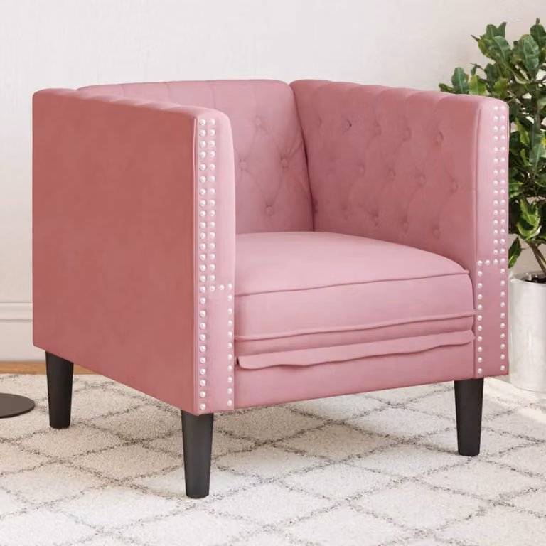 Poltrona Chesterfield vidaXL in velluto rosa con struttura in legno e imbottitura in schiuma