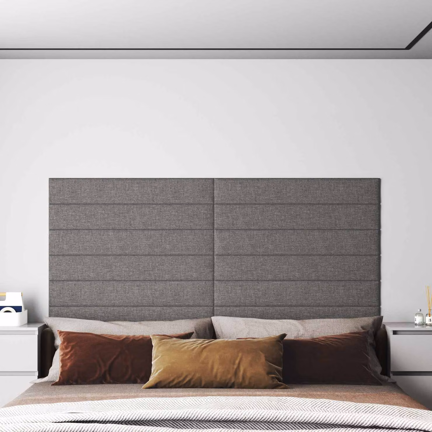 Set di 12 pannelli per testiera da parete vidaXL in tessuto grigio chiaro, L: 90 cm, H: 15 cm, P: 1,5 cm