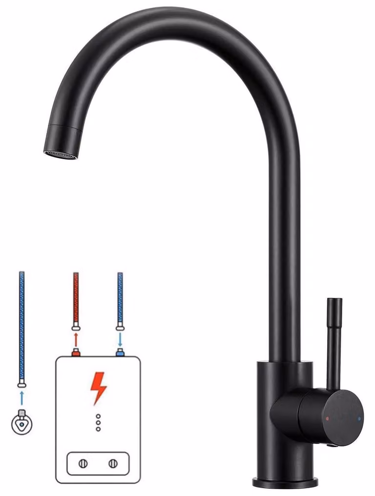 Rubinetto a bassa pressione per cucina, colore nero, adatto per scaldabagni istantanei, con rotazione a 360° e 3 attacchi