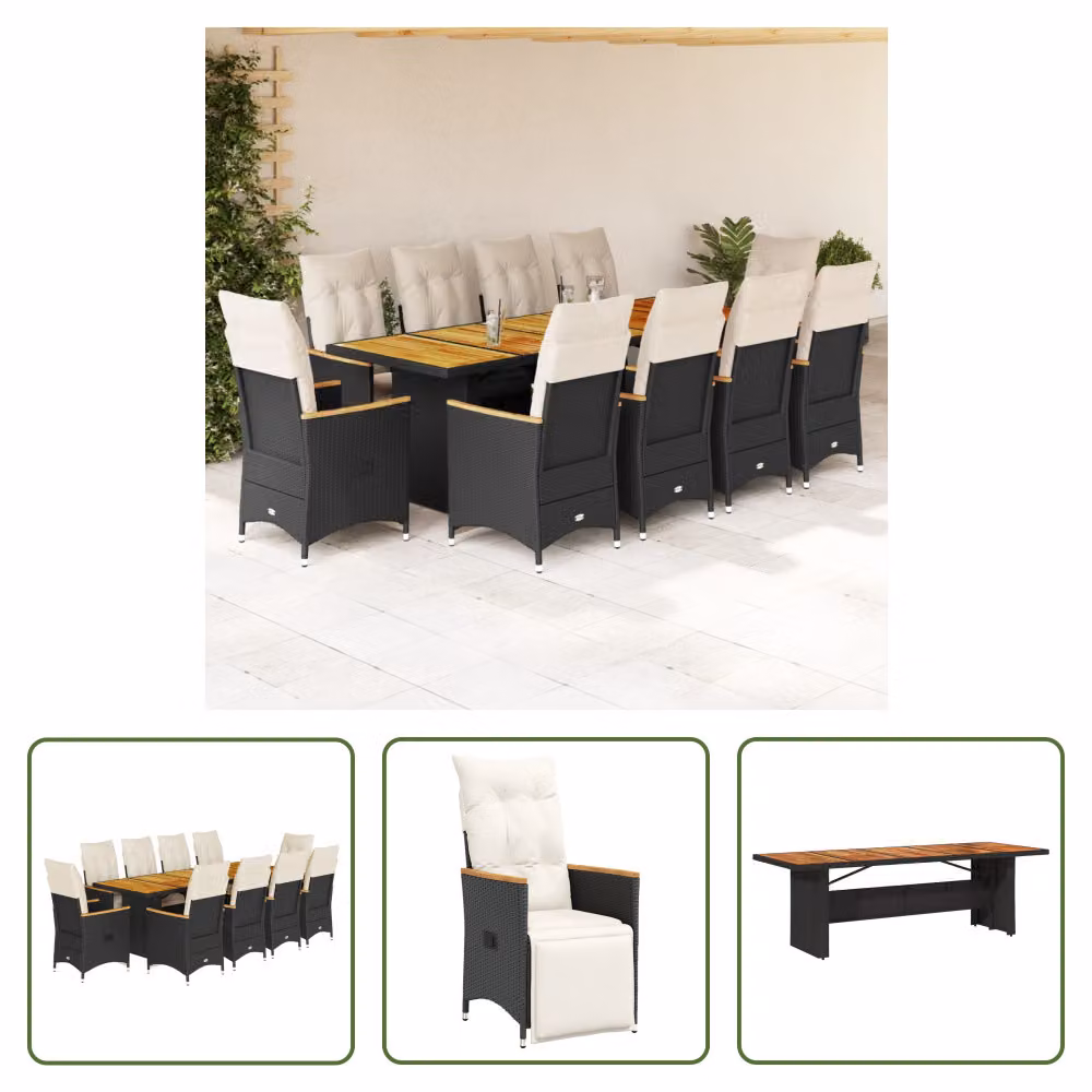 The Living Store Set bistrot da giardino da 11 pezzi con cuscini in poly rattan nero