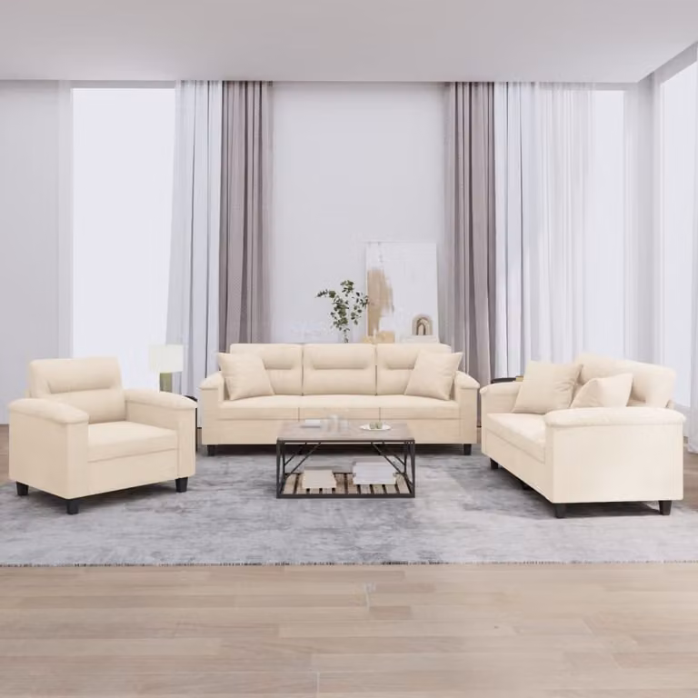 Set di Divani vidaXL in Microfibra Beige con Cuscini, Design Moderno per Soggiorno