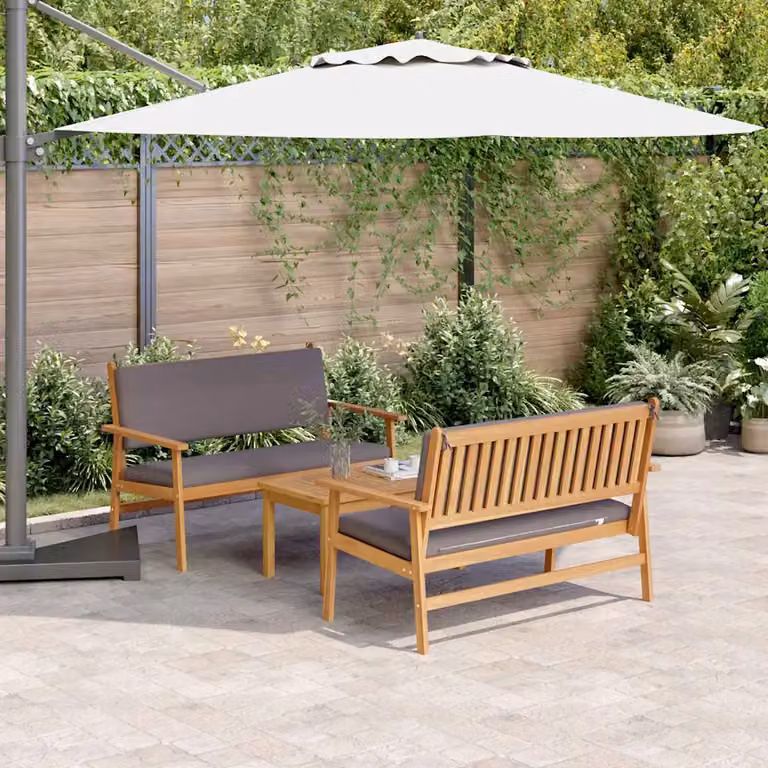 Set Divano da Giardino vidaXL 3 Pezzi in Legno di Acacia Marrone con Cuscini e Tavolino da Caffè