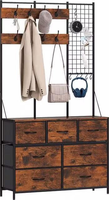 Mobile d'ingresso 4 in 1 HOMCOM marrone rustico con 7 cassetti in tessuto e 14 ganci, L 100 x P 30 x H 183 cm