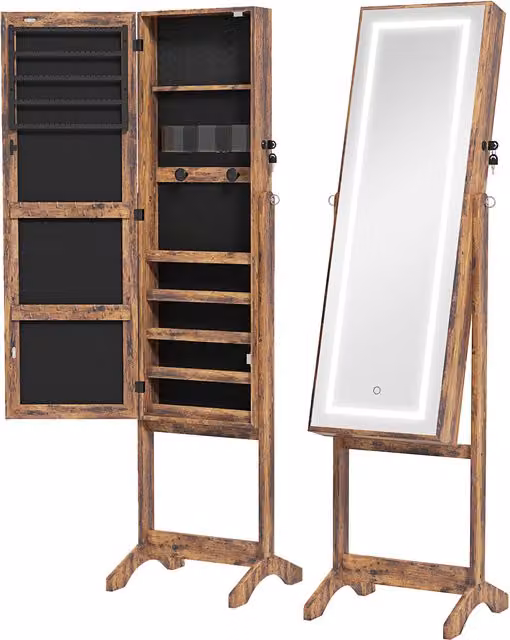 Specchio portagioie HOMCOM con LED, inclinabile e serratura con 2 chiavi, Marrone rustico