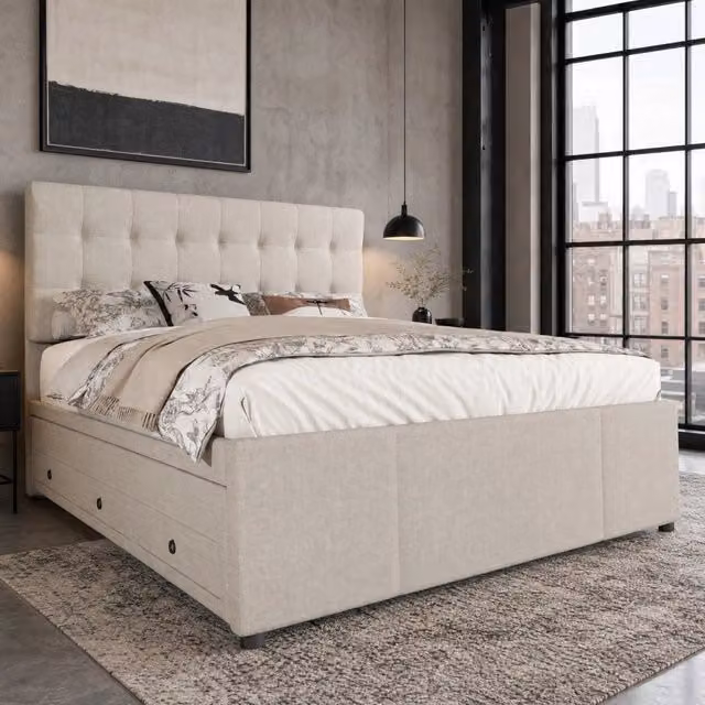 Letto matrimoniale imbottito 140x200 cm con letto estraibile; 3 cassetti e testiera regolabile beige