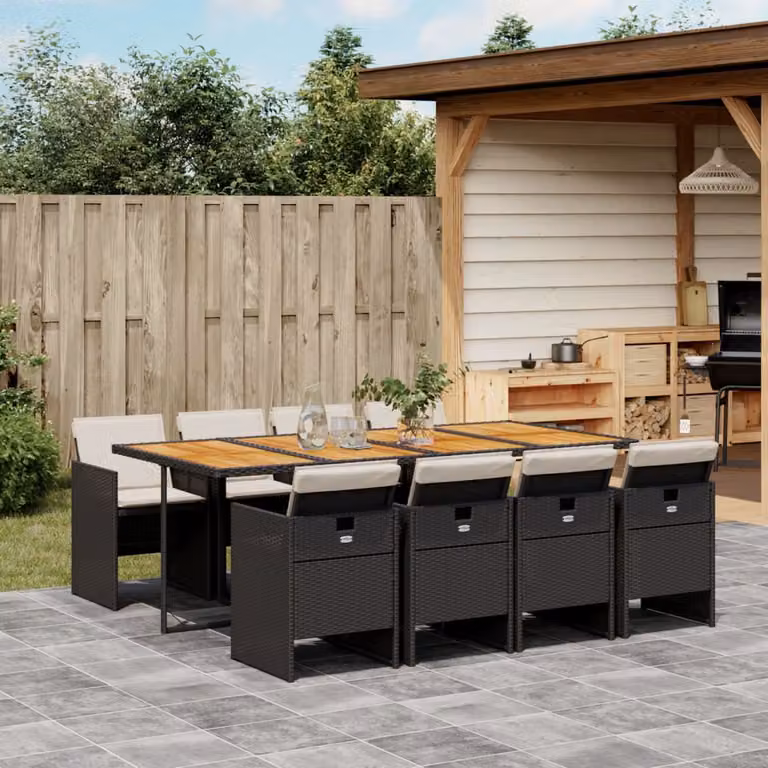 vidaXL Set da Pranzo da Giardino 9 pz in Polyrattan e Legno di Acacia con Cuscini Nero e Marrone
