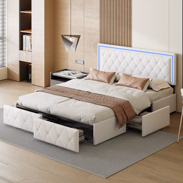 Letto imbottito con illuminazione a LED, con testiera e 4 cassetti, letto matrimoniale 140x200cm struttura letto contenitore, rete a doghe in legno, beige