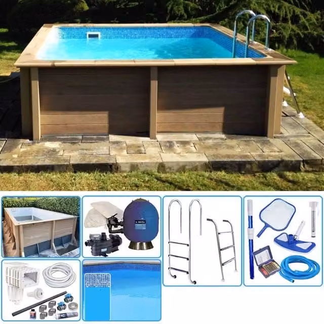 Piscina interrata NATURALIS in pietra ricostruita effetto legno, L/P/H: 324 x 324 x 128 cm, con filtrazione a sabbia, colori blu e marrone – 1