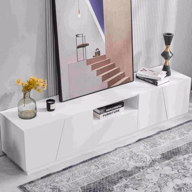 Mobile TV Moderno Aosom Bianco con Design Geometrico Patchwork e Ante Lucide in MDF, Larghezza: 170 cm – 1