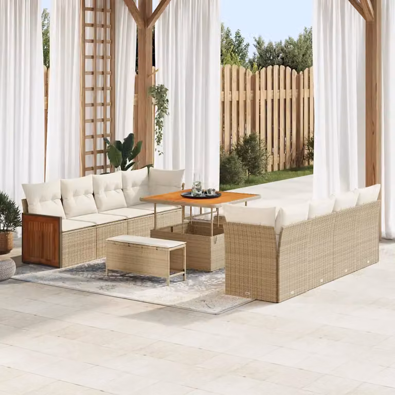 Set Divano da Giardino a L vidaXL Beige con Cuscini e Tavolino, L/P/H: 231 x 224 x 85 cm